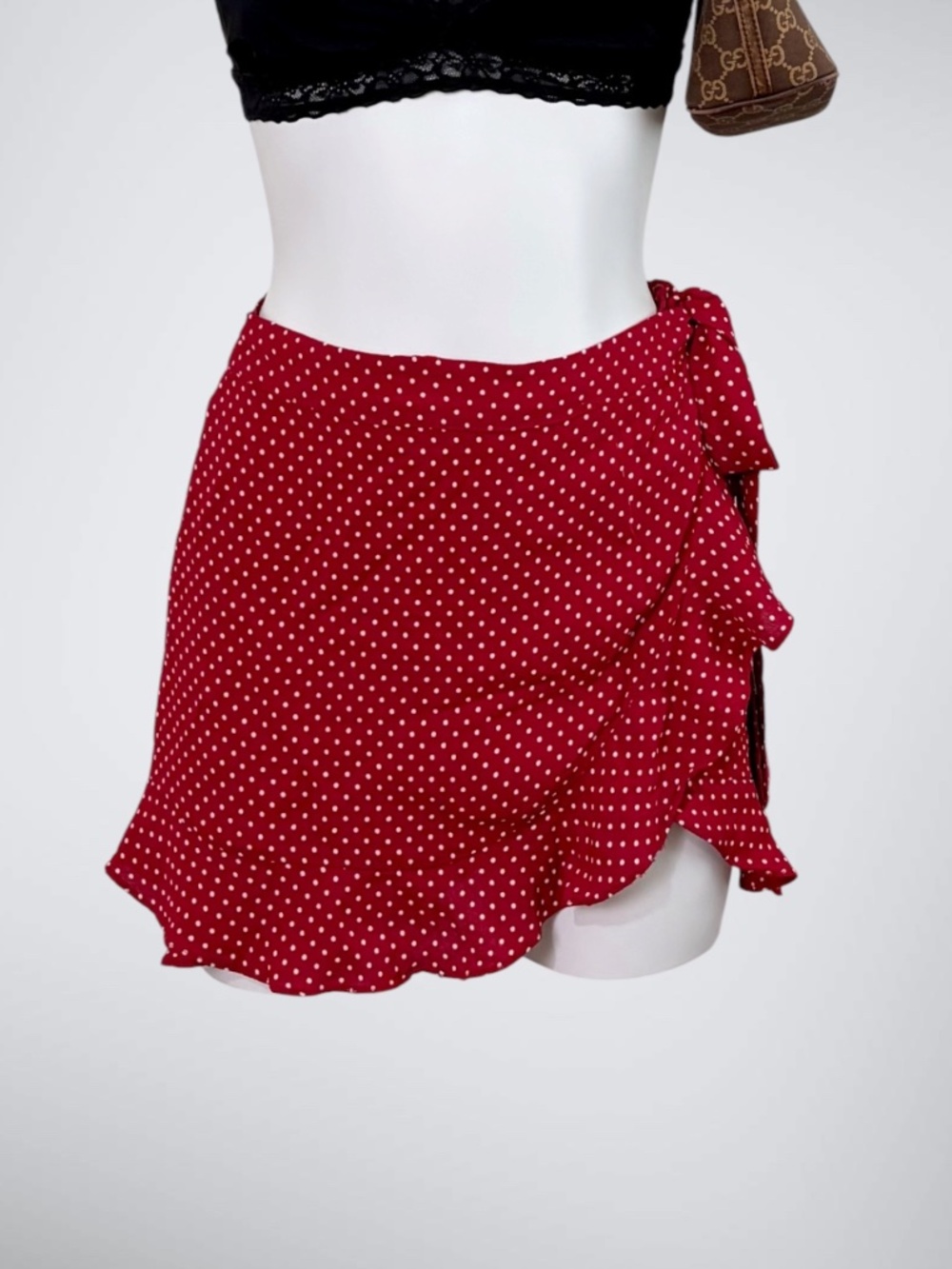 For Love & Lemons Red Polka Dot Wrap Mini Skirt Ruffle Side Tie